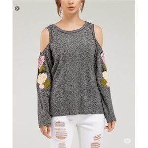 Band Crush Cold Shoulder Sweater Rose embroidered Applique Sleeve Women's M